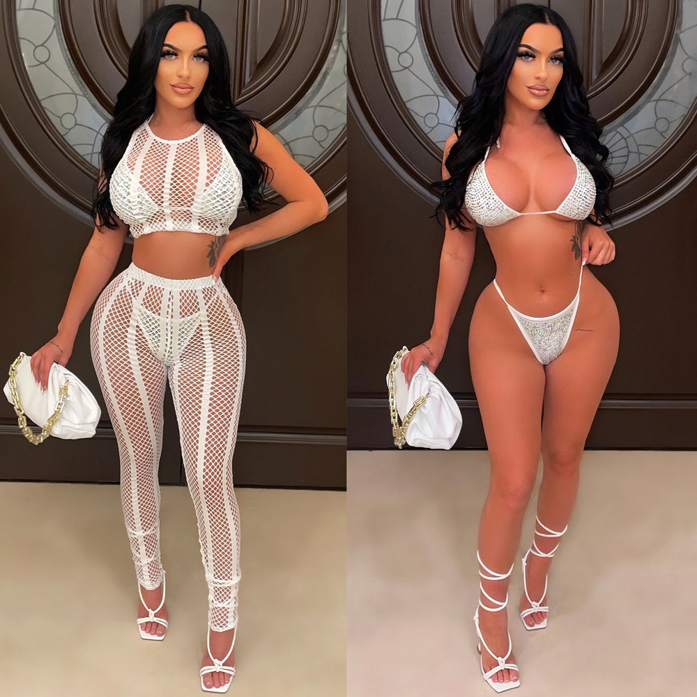 X5716   hot diamond mesh see-through round neck sleeveless chest wrap pants intimates four-piece set