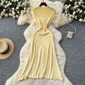 Women's short-sleeve knit dress -  summer collection: high-end, slim-fit, figure-flattering, elegant, minimalist vertical stripe knit maxi dress