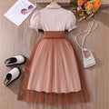 Girls' (tall) solid color short-sleeve polo collar dress with waist tie and mesh panel detail