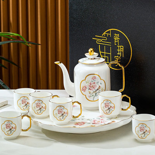 Five-star hotel tea set, living room water set, light luxury water cup, kettle, ceramic large capacity with tray