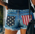 European and american cross-border women's fashion: new  style american flag  print slim-fit distressed single-breasted denim shorts