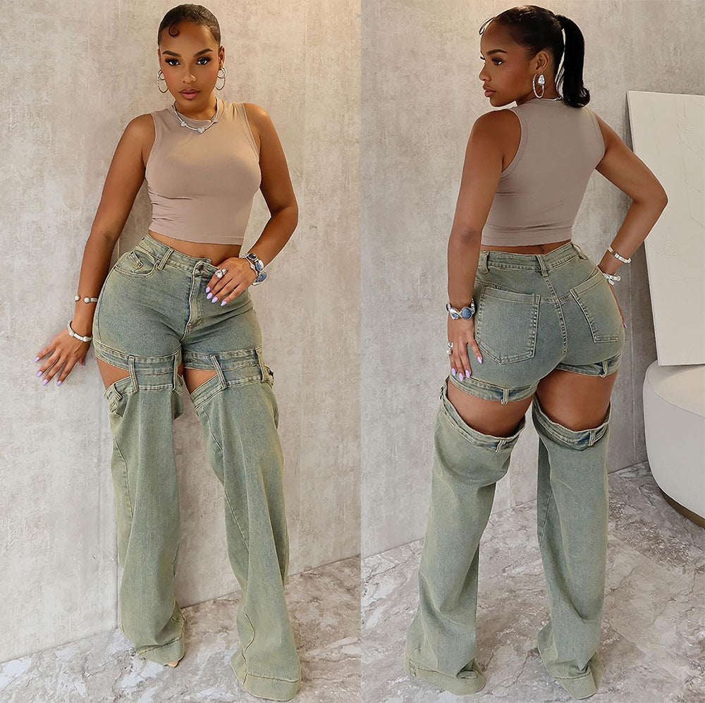 European and american style straight-leg jeans -  cross-border women's fashion streetwear vintage washed cutout wide-leg pants