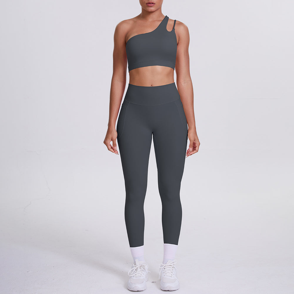 Cloud-feel one-shoulder backless sports bra set - high-waisted, butt-lifting, compression yoga outfit - quick-dry running & fitness set for women