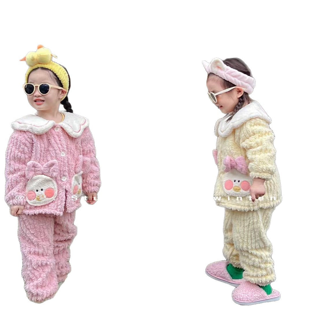 Girls' and boys' fleece-lined winter outerwear, baby girl's bunny ear pajamas, thickened sleepwear set