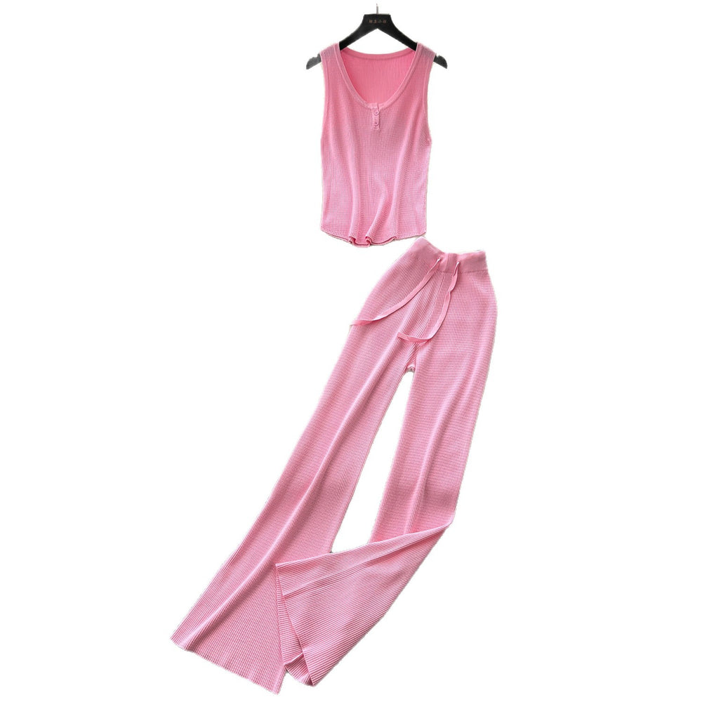 Light mature style v neck sleeveless vest high waistloose pants women's summercasualknittingtwo-piece setelegantwork clothingsuit