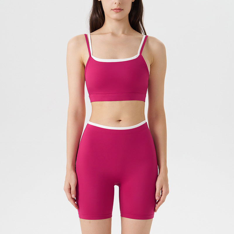 new arrivalfake two-piececontrast color white striped suspender running sports intimates bra three-quarter shorts yoga suit