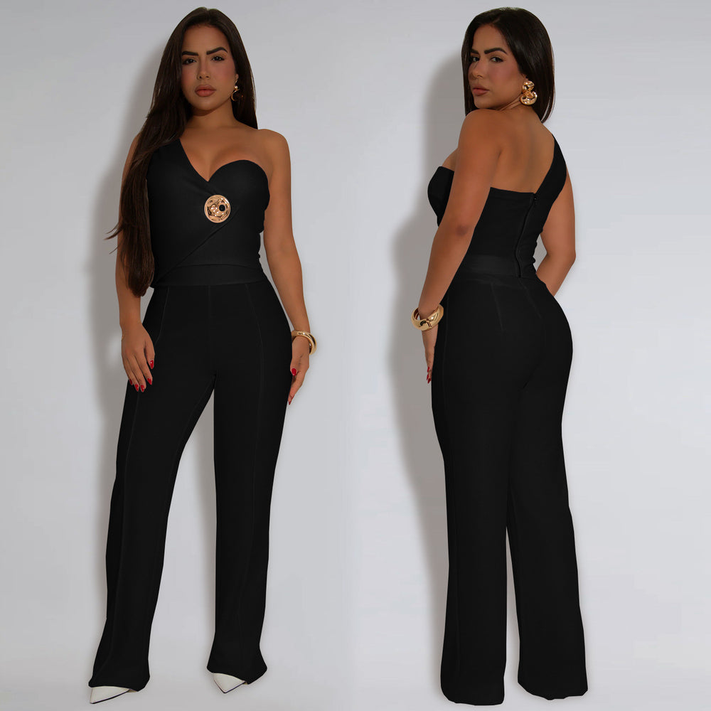 C7418 cross-border   fashion women's elegant slim-fit sleeveless top and pants two-piece set