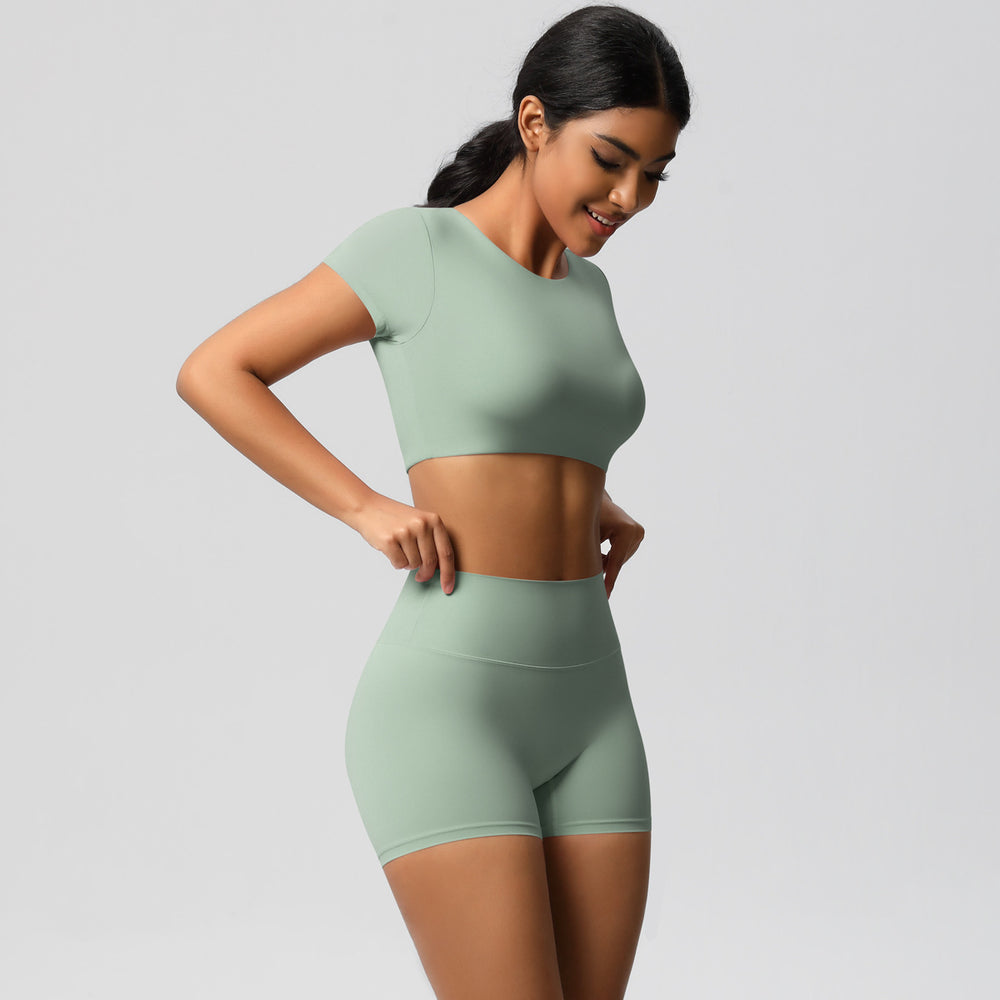 European and american nude feel quick-dry short sleeve yoga set with padded bra, compression workout training shorts, running fitness outfit