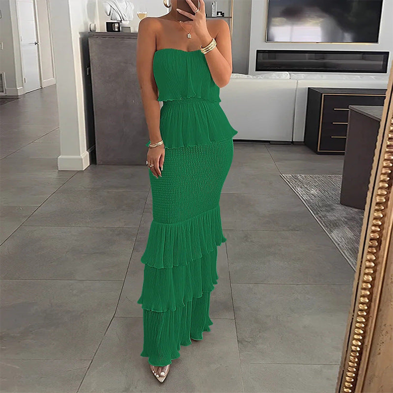 women's summer dress - european & american style export - elegant solid color bandeau cake dress maxi dress