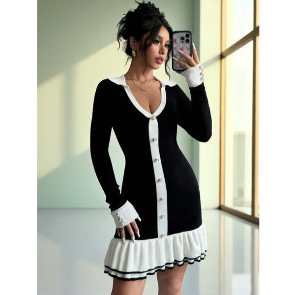 Premium European and American women's clothing French small fragrant dress ruffle edge lapel knitted skirt bow tie short skirt