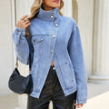 European and american cross-border e-commerce  asymmetrical slant placket metal buckle multi-pocket drop shoulder washed denim jacket for women