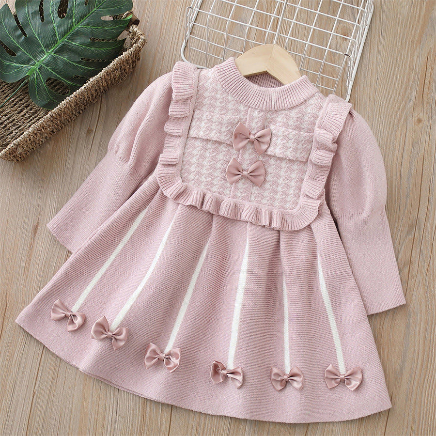 new year's & christmas girls' sweater dress - bow accent, chanel-inspired sweet knit dress