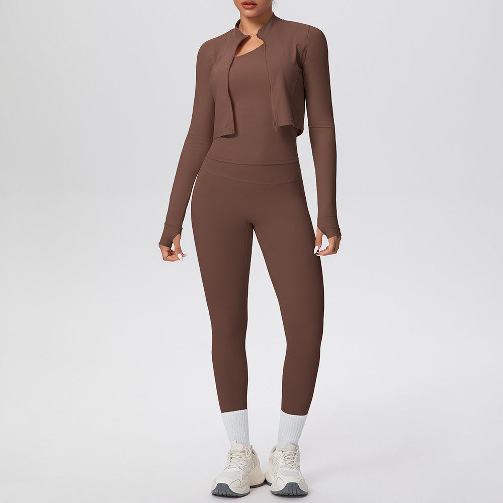 Cloud-feel quick-dry zip-up jacket high-waisted yoga leggings set - outdoor casual running fitness activewear 3-piece set