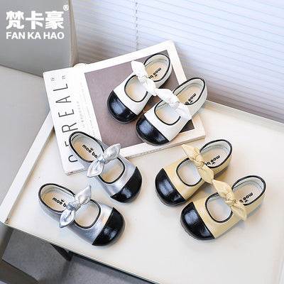 Girls' bow-tie princess shoes,  spring/autumn new collection, kids' chanel-inspired color block mary janes, big kids' single shoes