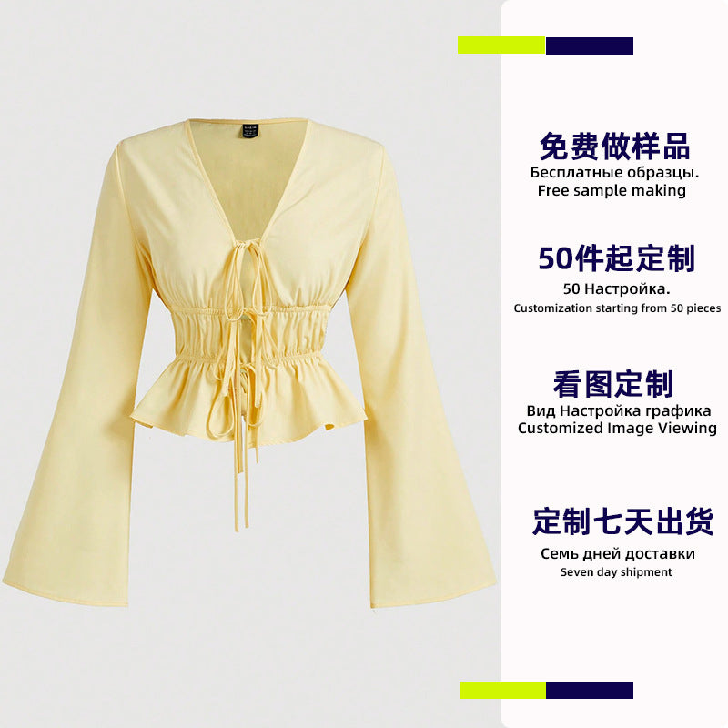 Customized lace-up long-sleeved shirts Cross-border   European and American temperament slim-fitting shirts Cardigan small batch processing