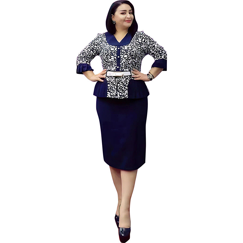 African  professional women's clothing plus size curvy tiktok cross-border foreign trade faux two-piece printed dress