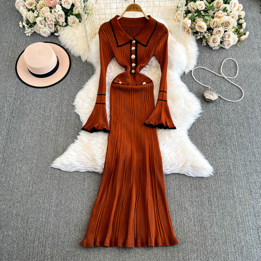 winternew arrivalpolo collar small fragrant style knittingdress women's long sleevesfashionelegant waist sweater skirt