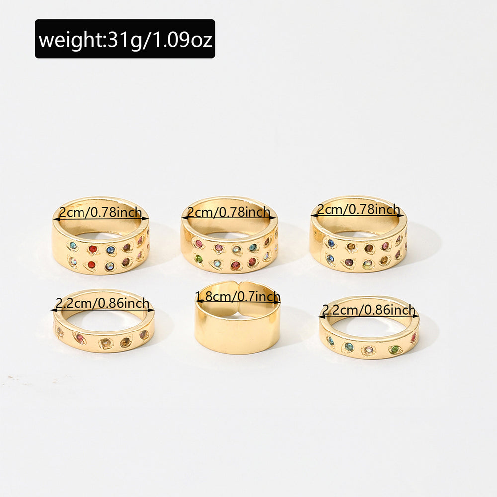 European and american cross-border retro dopamine colorful ring set - 6 piece set, unique and niche double row diamond-set alloy finger rings and jewelry