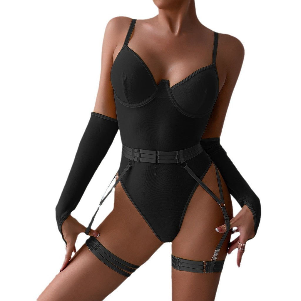 Russian explosion, European and American sexy underwear mesh strap splicing with gloves suspender onesie set 3615