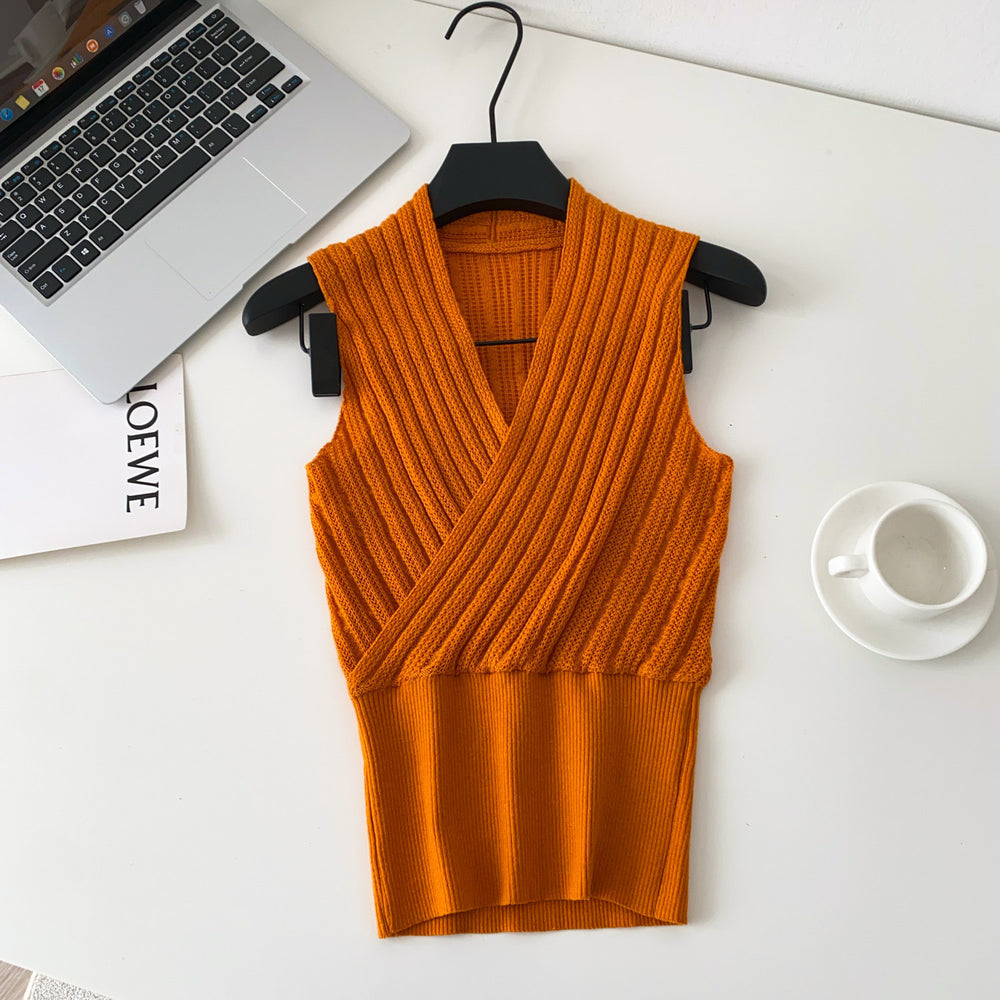 Sense of designniche style chicelegantv-neck knitting vest women's  spring and summerpure color sleeveless silmslimming looktops