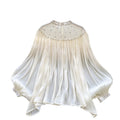 Palace style niche styleclassy heavy industry beading hot diamond lantern sleeve tassel mesh shirt women's loosecasualtops