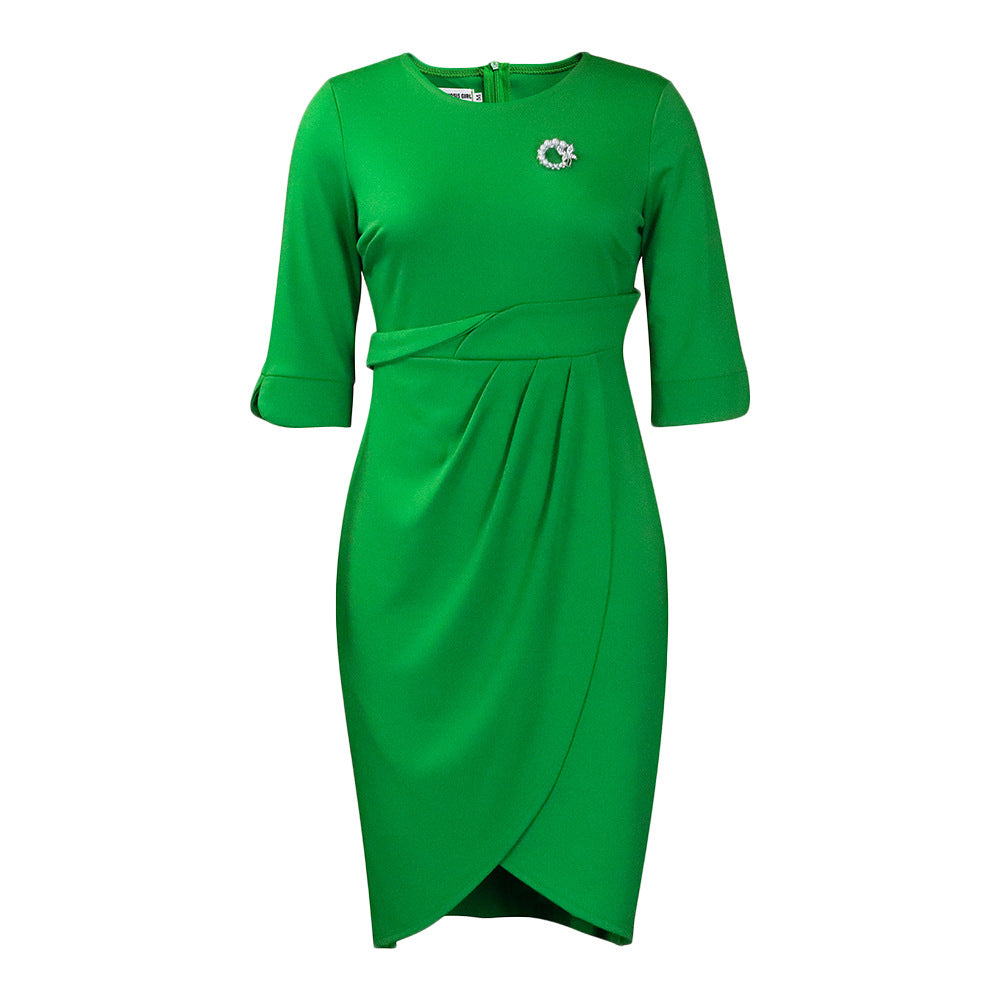 D364 with brooch foreign trade large size women's clothing  cross-border summer elegant elegant pleated european and american dress