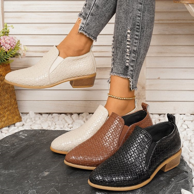 export plus size autumn new pointed-toe low-cut pumps brown chunky heel ankle boots  mid-heel leather upper