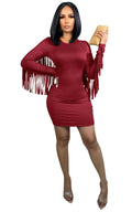 European and american cross-border women's fashion:  autumn hot-selling solid color long sleeve tassel round neck bodycon mini sexy dress