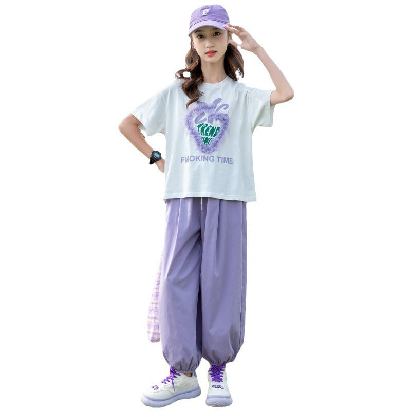 Girls' summer fashion short-sleeve outfit: stylish and trendy lightweight set for girls, ages 8-9