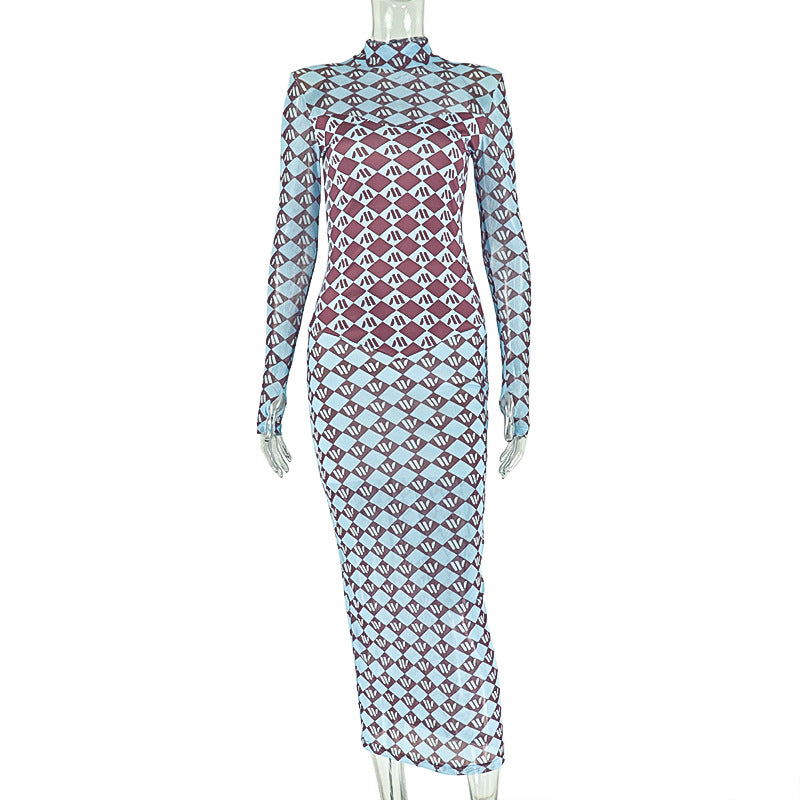 Fashion style new arrival women's clothing exportelegant slightly see-through printingsilm one-step hip skirt high collar long sleevesdress trendy