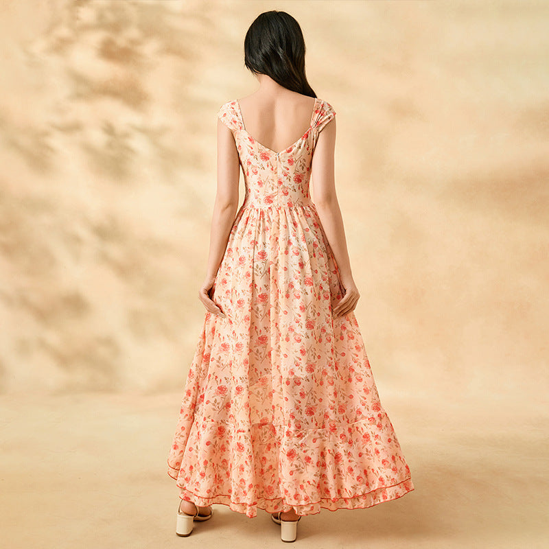 European and american cross-border youth summer new fashion asymmetrical neck irregular dress vacation style floral maxi dress women's clothing