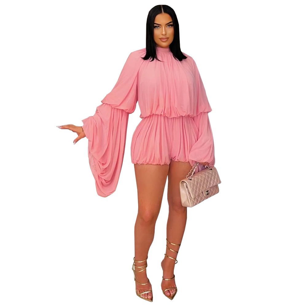 C7432 cross-border   fashion women's fashion casual pleated solid color jumpsuit shorts new