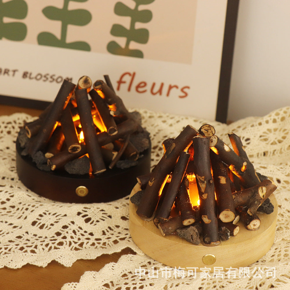 USB charging warm light ambient light white noise desktop ornament solid wood branches bonfire night light gift for friends