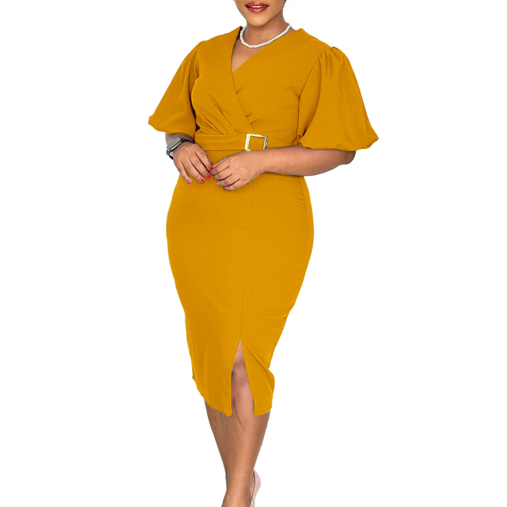 D3331export women's clothing new arrivalfashionv neck puff sleeves pure color waist slit hip-covering african dress