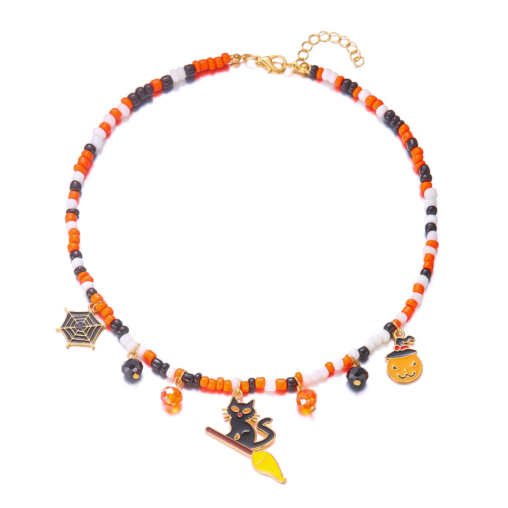 Halloween necklace wholesale fashion funny pumpkin ghost cat pendant horror contrast color rice beads string clavicle chain