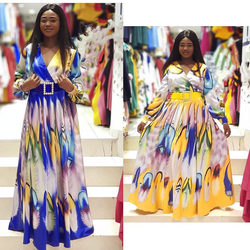 Kayaat clothing new arrival waist slimming look tall and slim oversized graffiti chiffon v neckdress african women's clothing plus size
