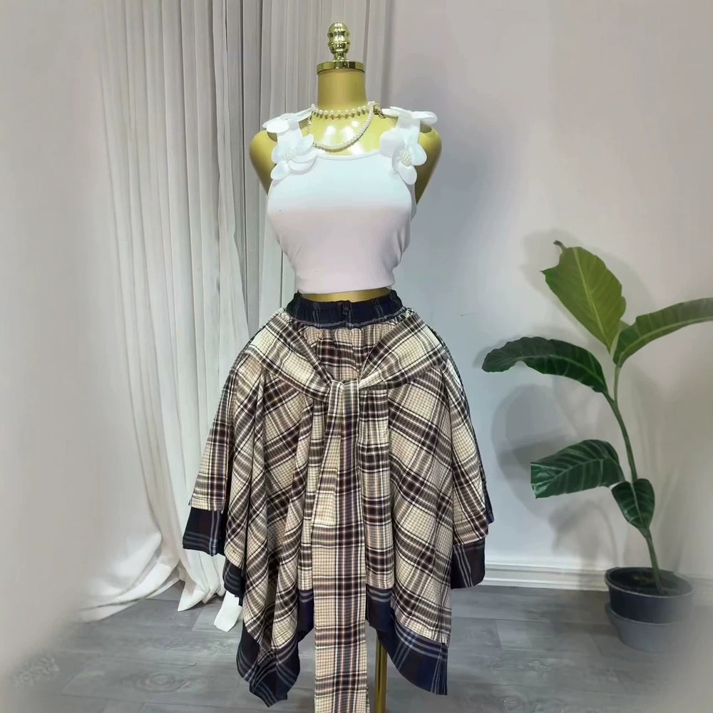 European and american cross-border women's fashion:  summer new arrival - high-waisted plaid tie-up asymmetrical a-line midi skirt