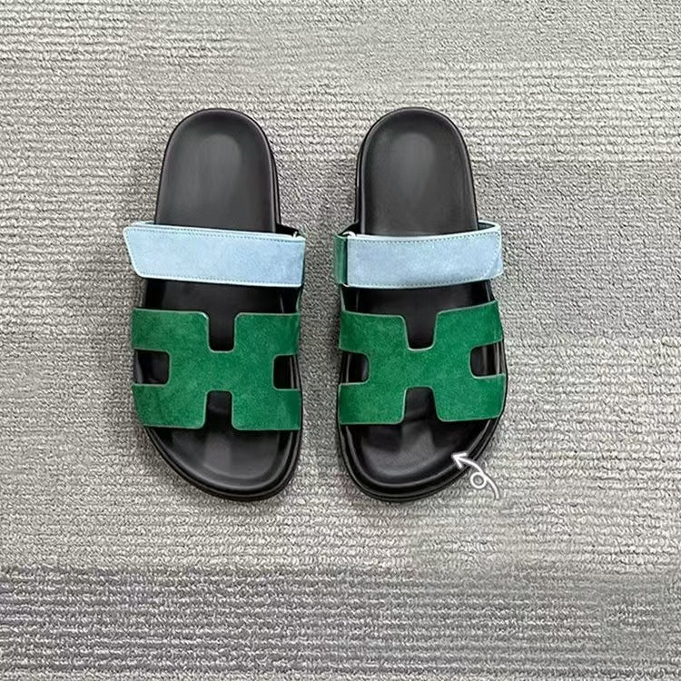 Cross-border second uncle dragging girl thick bottom H slippers 2024 new Velcro  large size fashion slippers wholesale