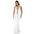 C7599 cross-border   fashion women's sexy backless halter deep v solid color dress