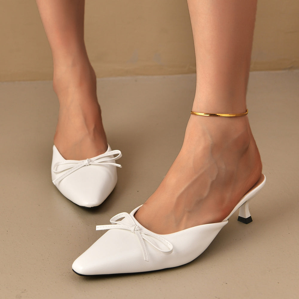Amazon 2025 new bow-tie stiletto heel slippers - plus size, wine red, outdoor wear, retro pointed-toe mules