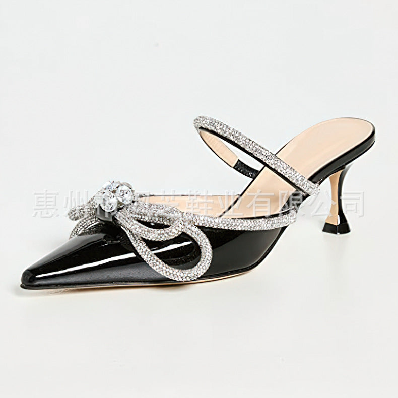 European and american style white label one-piece high-heeled slippers, stiletto heel, bow, rhinestone, cross-border half slippers, pointed toe, one-leg custom