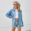 Ebay cross-border trade  independent station new washed distressed denim shirt long sleeve raw hem top for women