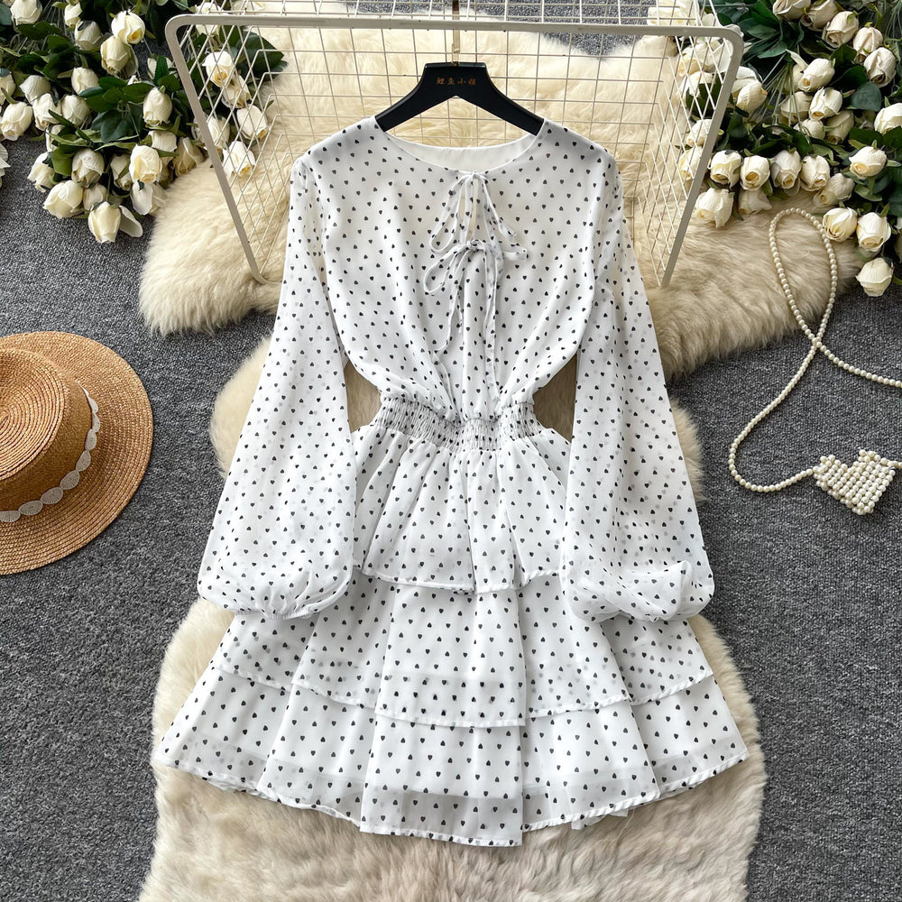 Korean style red polka dot slim-fit dress - women's summer long sleeve ruffle hem waist-cinching slimming high-end tiered dress