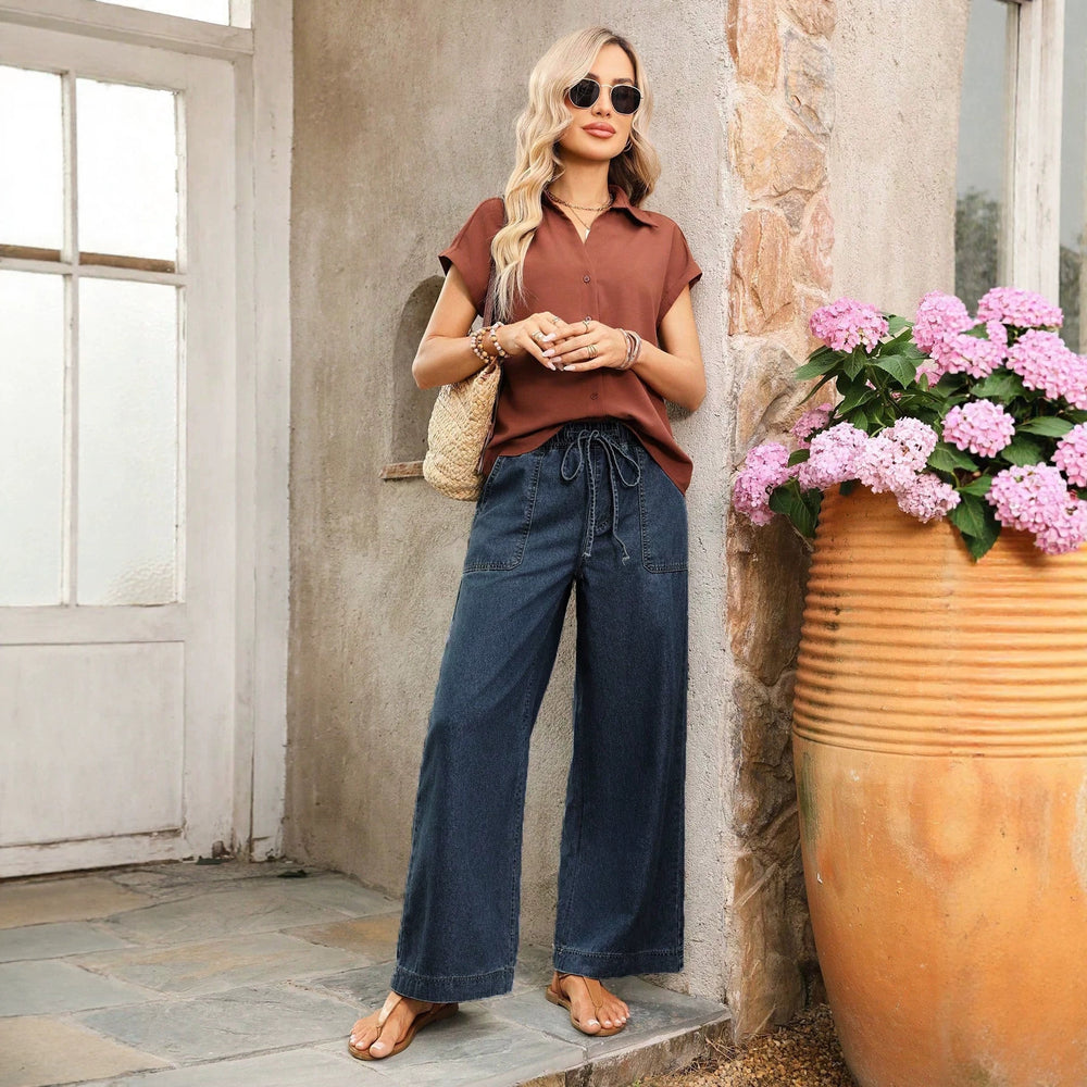 European and american style women's dark blue washed drawstring waist wide leg jeans - casual, oversized, with large patch pockets