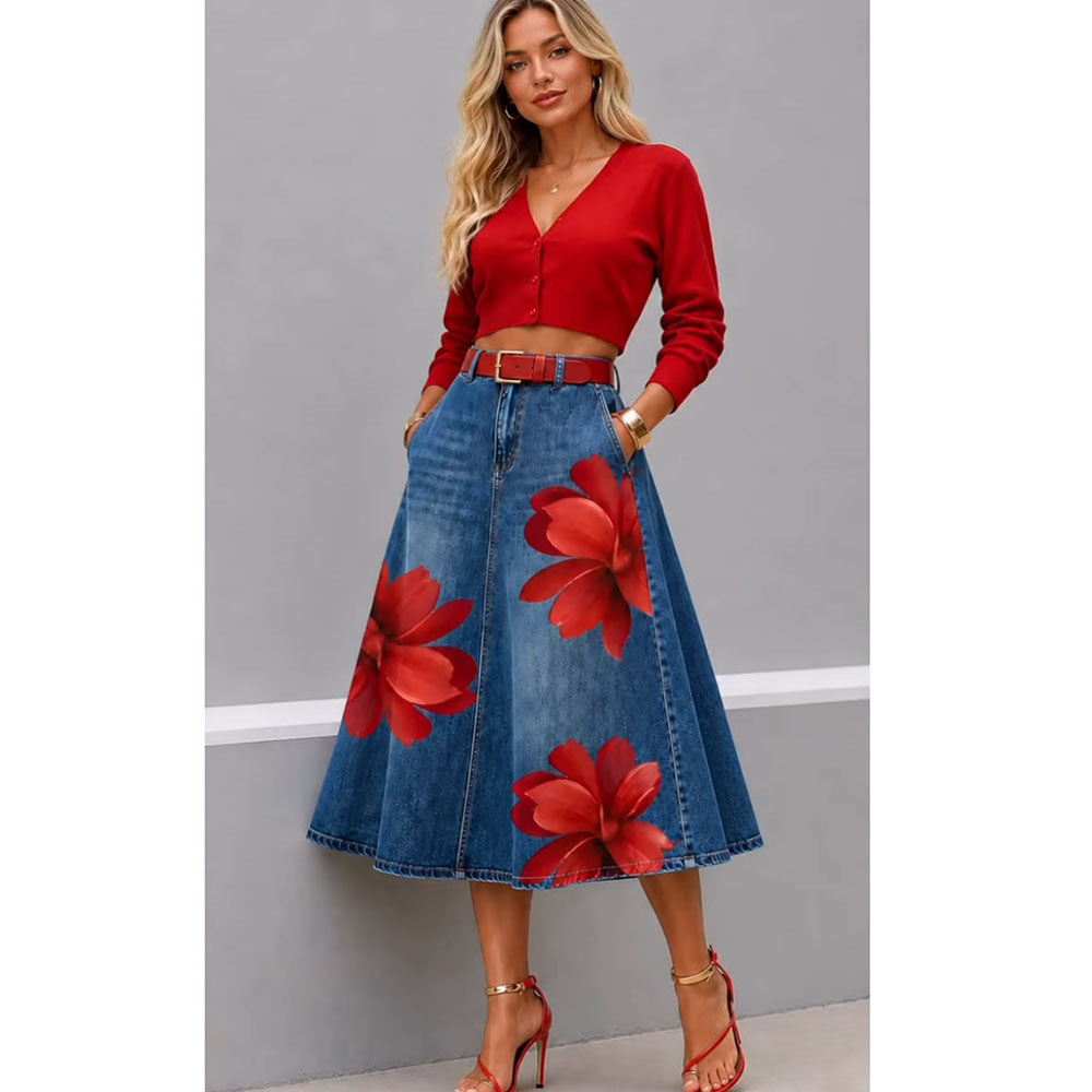 European and american new fashion printed denim skirt -  cross-border summer women's streetwear washed floral high-waisted midi skirt