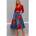 European and american new fashion printed denim skirt -  cross-border summer women's streetwear washed floral high-waisted midi skirt