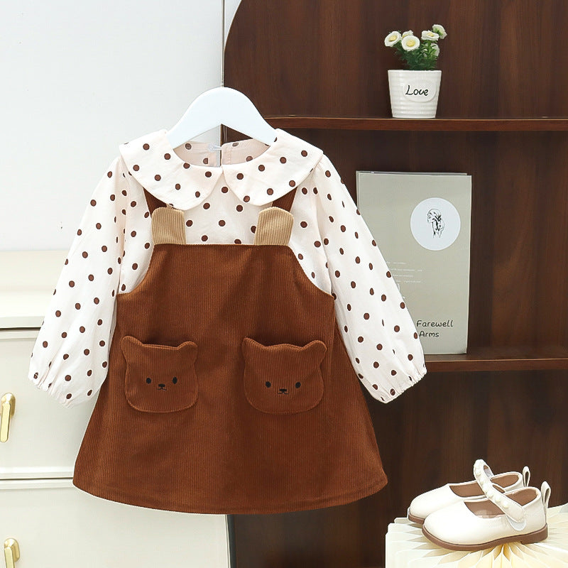 Girls' dress  autumn new style chic children's polka dot dress little bear baby princess dress kids' skirt trendy