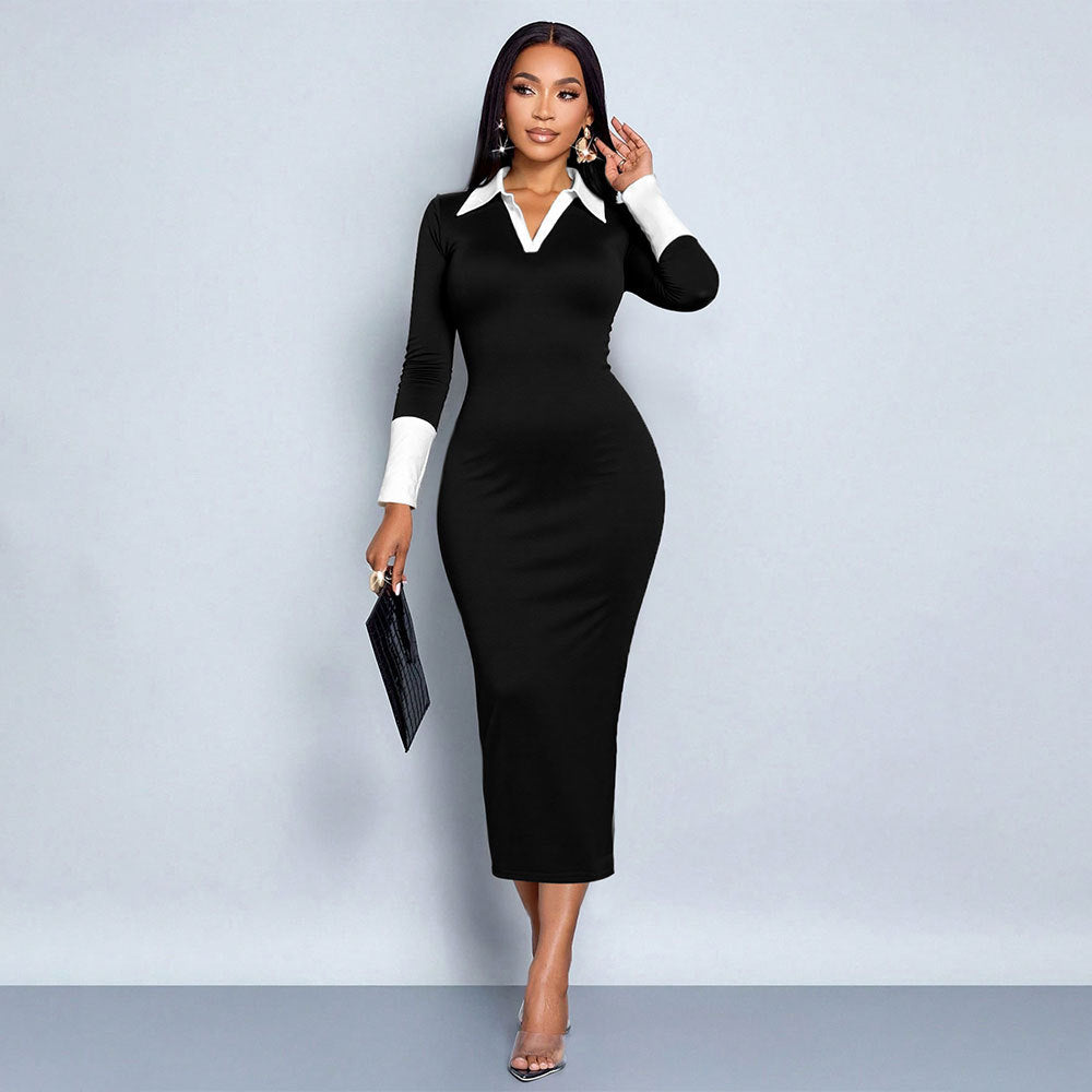 European and american style sexy v-neck shirt collar patchwork bodycon midi dress - slimming, elegant, and figure-flattering for women