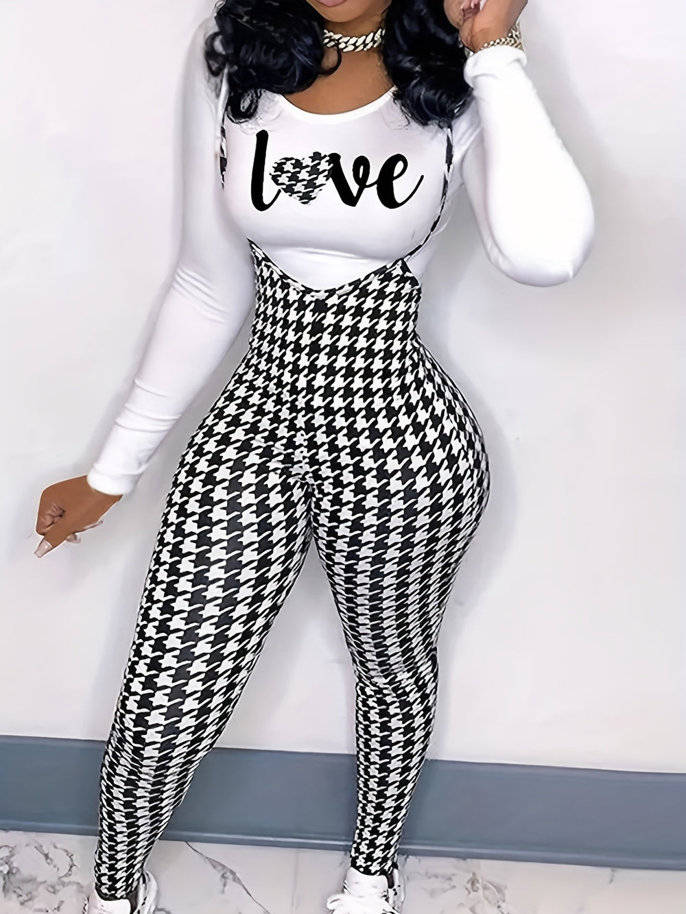 S390660 white casual houndstooth print set