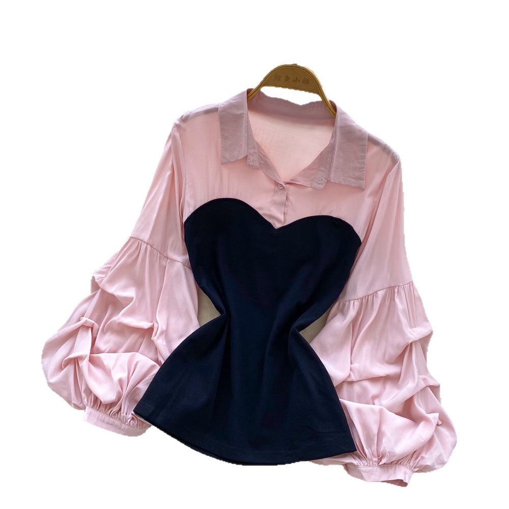 French-inspired, faux two-piece top for women, perfect for autumn. features a soft, feminine style with pleated lantern sleeves and a flattering, slim-fit design. a trendy and chic blouse